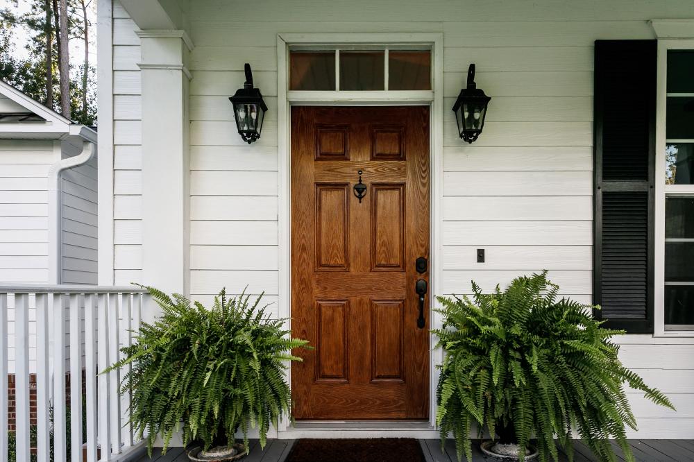 porte en bois avec plantes